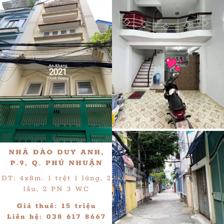 Cho thuê nhà phường 9, quận Phú Nhuận. DT 4x8m 1 trệt 1 lửng 2 lầu 3PN, hẻm thông ô tô Đào Duy Anh