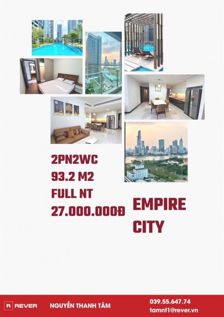 Cho thuê căn hộ tại chung cư Empire City Thủ Thiêm dt 93.2m2, 2PN, 2WC, Full nội thất giá 27 triệu