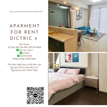 Cho Thuê The Tresor Quận 4, 2pn 2wc 74m2 Full nội thất, nhà đẹp.