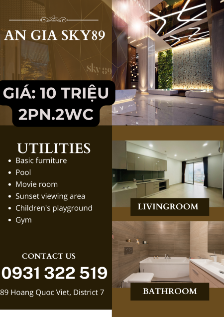 Cho Thuê CH SKY 89, 2PN, 2WC, NTCB, View Nội khu Giá 10tr/tháng Tiện ích đầy đủ LH 0931322519