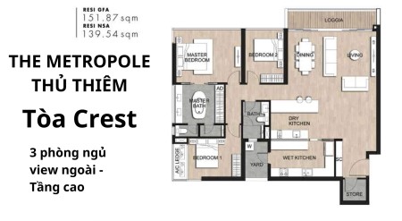 Cho thuê Crest – Metropole Thủ Thiêm 3 phòng 152m2 NTCB 35 triệu