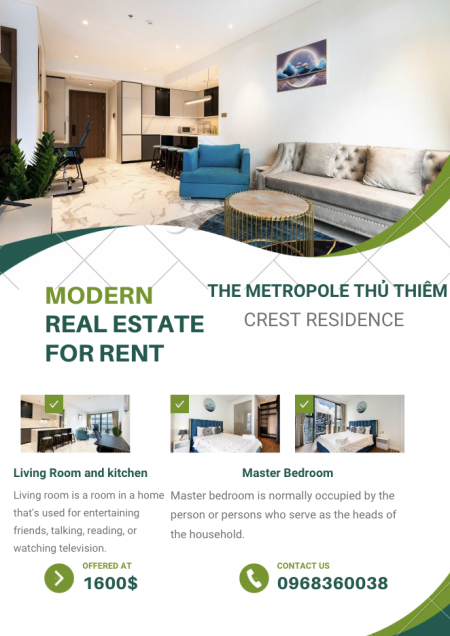 Đầy đủ nội thất 2PN, chỉ 37.6 triệu, Crest The Metropole Thủ Thiêm Q2