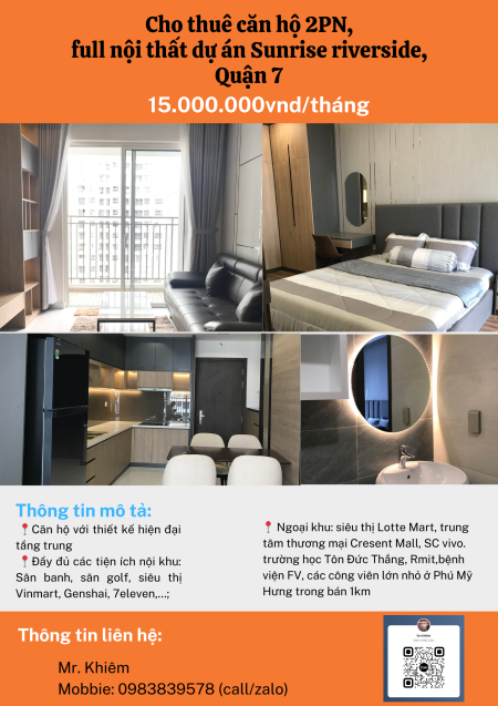 Chủ gửi cho thuê Sunrise riverside 2PN 70m2, giá 15tr, full nội thất đẹp. LH: 098.3839.578 Khiêm