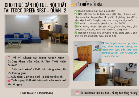 Cho Thuê Căn Hộ Full Nội Thất Tại Tecco Green Nest – Quận 12