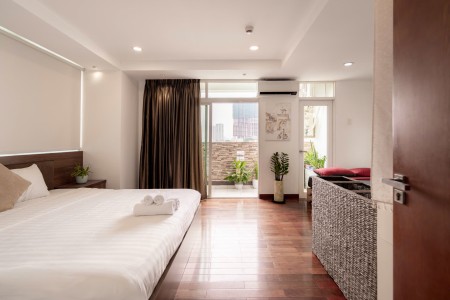 Cho thuê căn hộ mini 2 phòng ngủ nhà mặt tiền ban công siêu thoáng nội thất hiện đại, nhà mới 100%