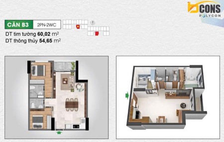 Cho thuê căn hộ 2PN2WC 60m2, sát Phạm Văn Đồng, view Landmark81 thoáng mát.