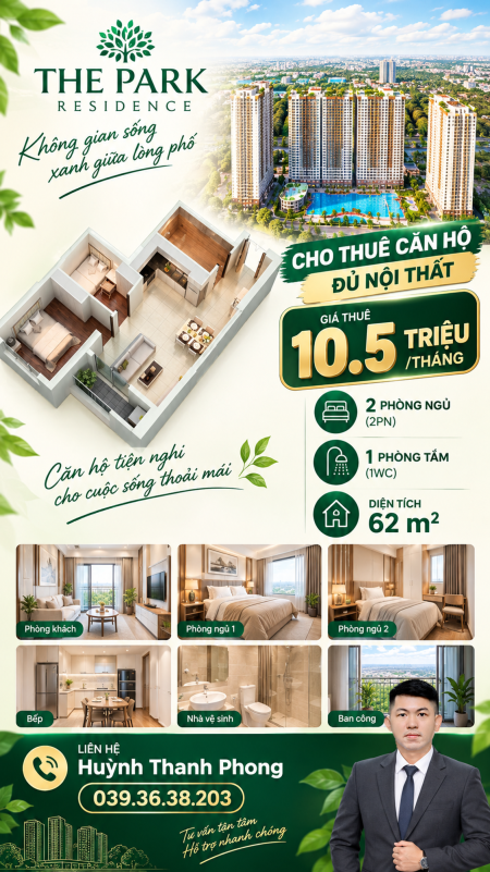 Cho thuê 2PN1WC 62m2 - 10.5 triệu/tháng - The Park Residence