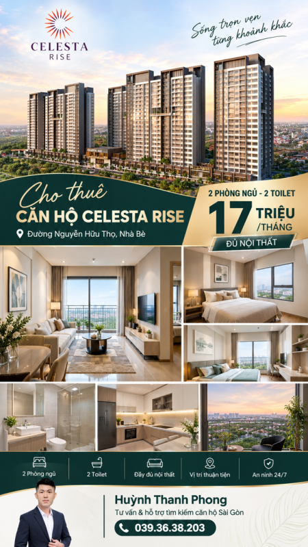 2PN2WC đầy đủ nội thất - 17 triệu/tháng - Celesta Rise Nguyễn Hữu Thọ
