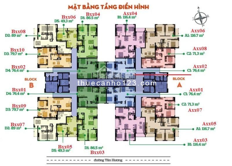 Cho thuê căn hộ chung cư Tân Hương Tower căn 2 phòng ngủ với tổng diện tích 71m2