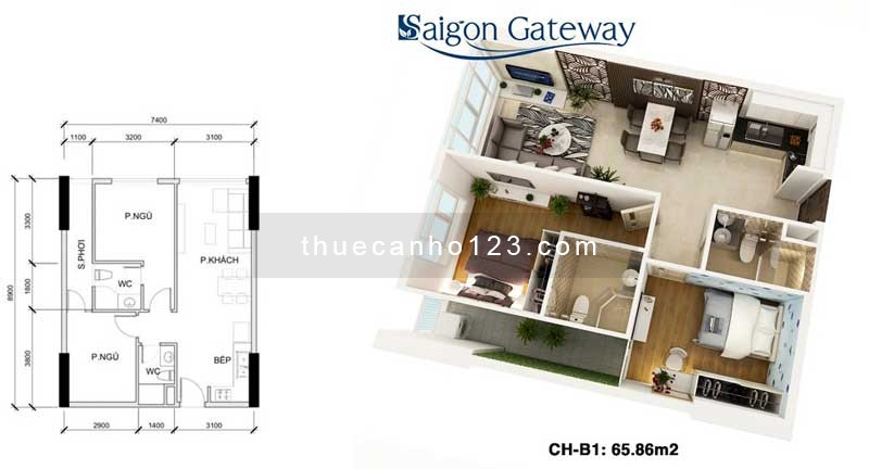 Cho thuê chung cư Sài Gòn Gateway 2 phòng ngủ giá chỉ 5 triệu
