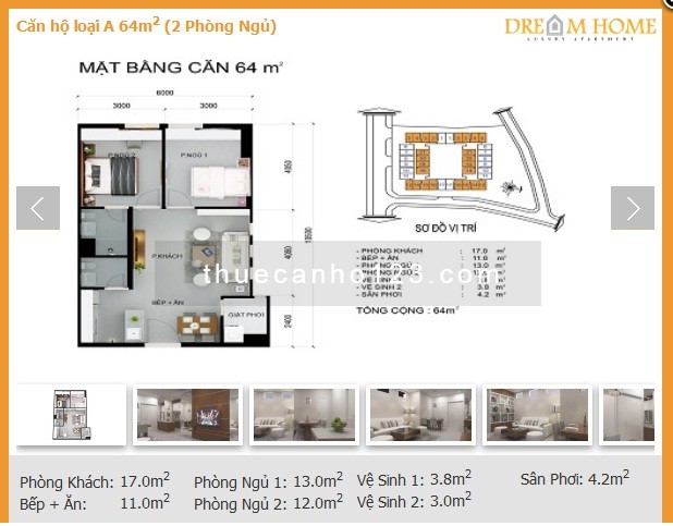 Cho thuê nhanh 1 căn hộ Dream Home giá 13,5 triệu/2PN