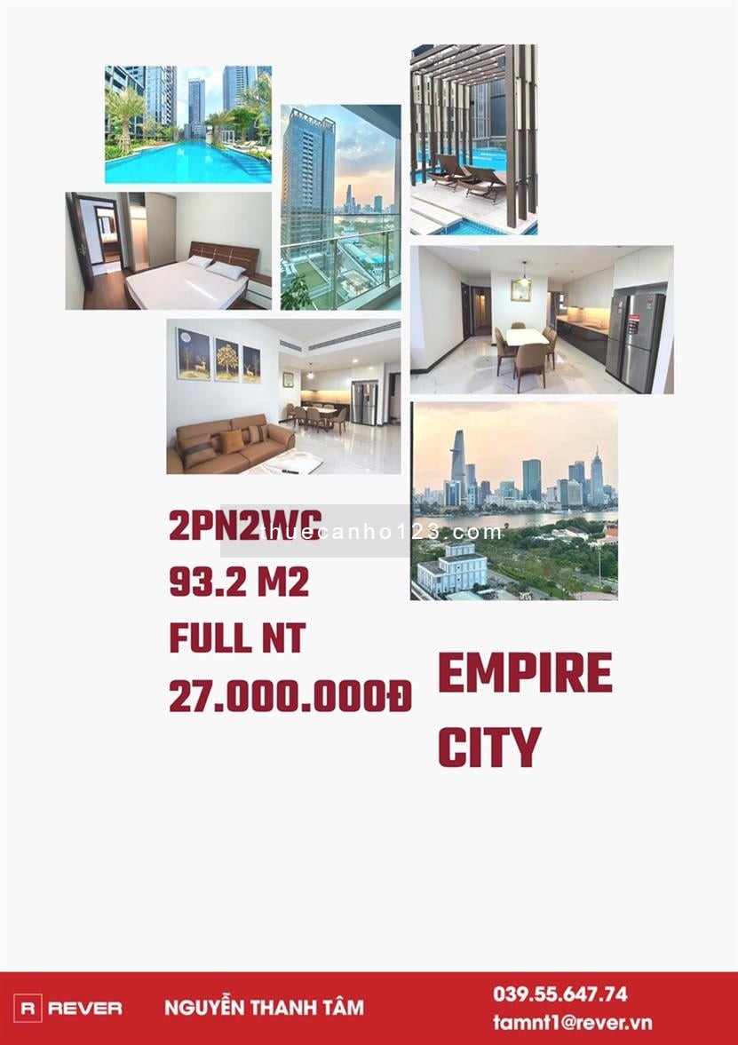 Cho thuê căn hộ tại chung cư Empire City Thủ Thiêm dt 93.2m2, 2PN, 2WC, Full nội thất giá 27 triệu