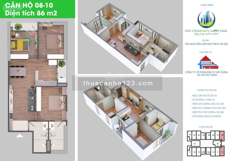 Quỹ căn hộ chung cư Phú Thịnh cho thuê giá rẻ. LH: 0903.440.345