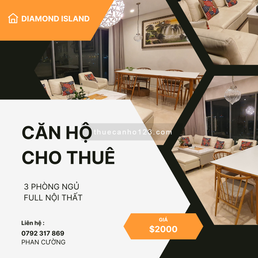 Cho thuê căn hộ 3PN View Sông tại Đảo Kim Cương - Full nội thất - Giá 2000$. LH: 0792 318 869