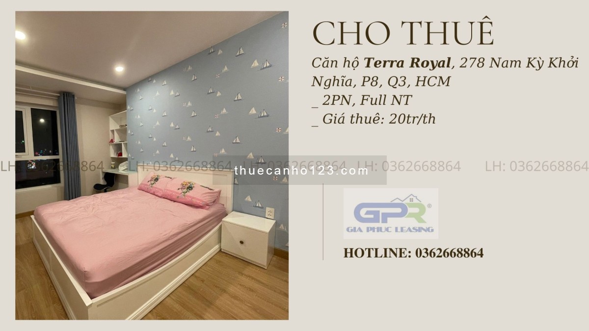 Cho thuê căn hộ chung cư Terra Royal, Q3, 58m2, 2PN, giá 20 tr/th. LH: 0362668864
