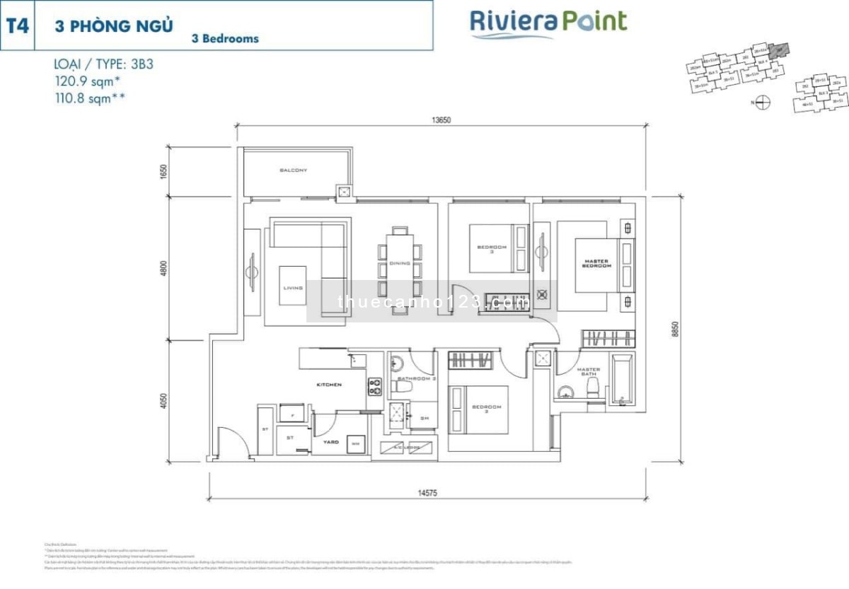 Cho thuê căn hộ Riviera Ponit 30tr 120m2, 3PN Full NT