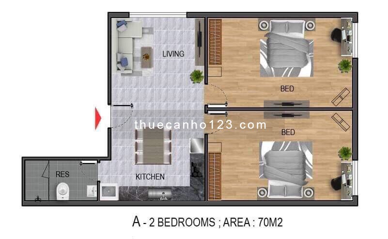 Căn hộ 2 phòng ngủ 70m2 gần Công Viên Lê Văn Tám