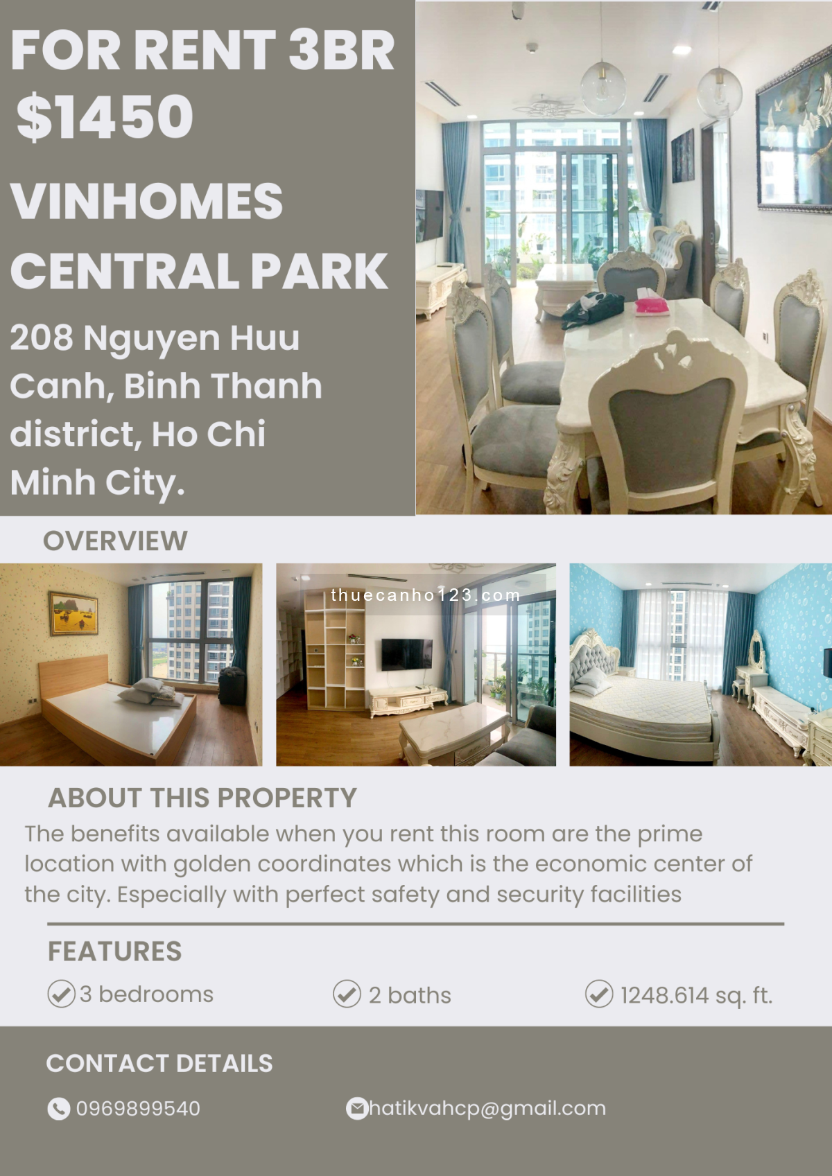 Căn hộ đẹp nhất 3 phòng ngủ Vinhomes Central Park, dtsd 116m2, view sông