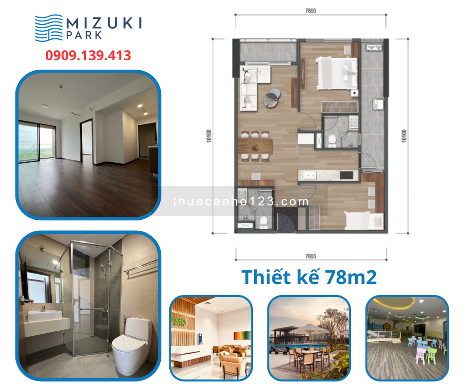 Cho thuê căn hộ mizuki park 78m2 giá 8 triệu/tháng.