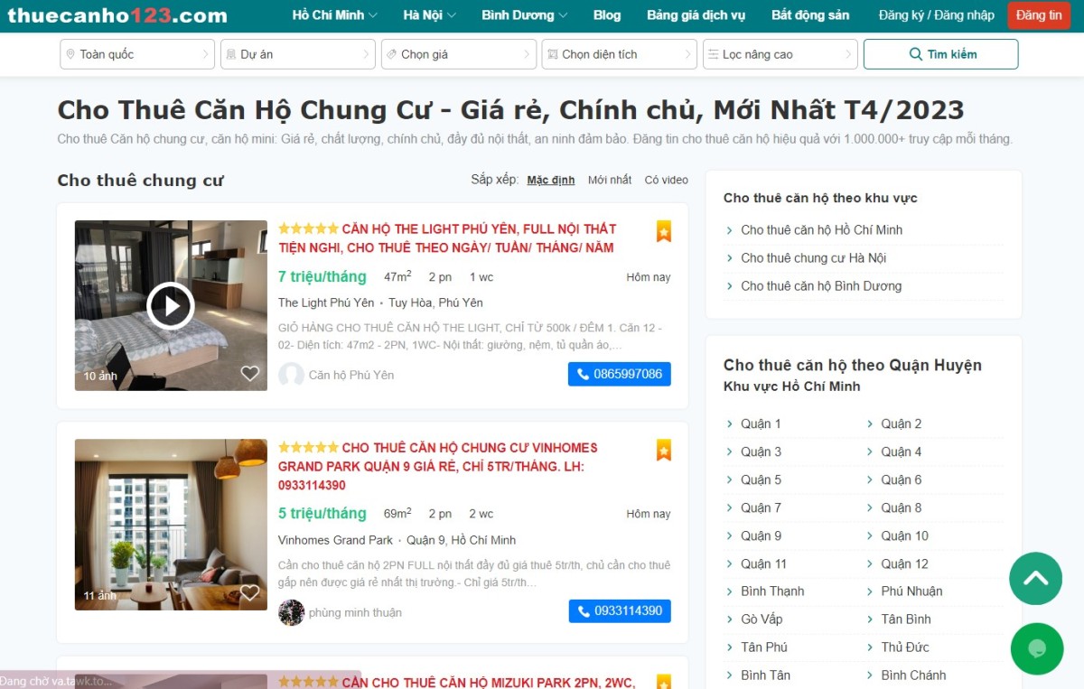 Tìm kiếm căn hộ cho thuê giá rẻ tại website thuecanho123.com