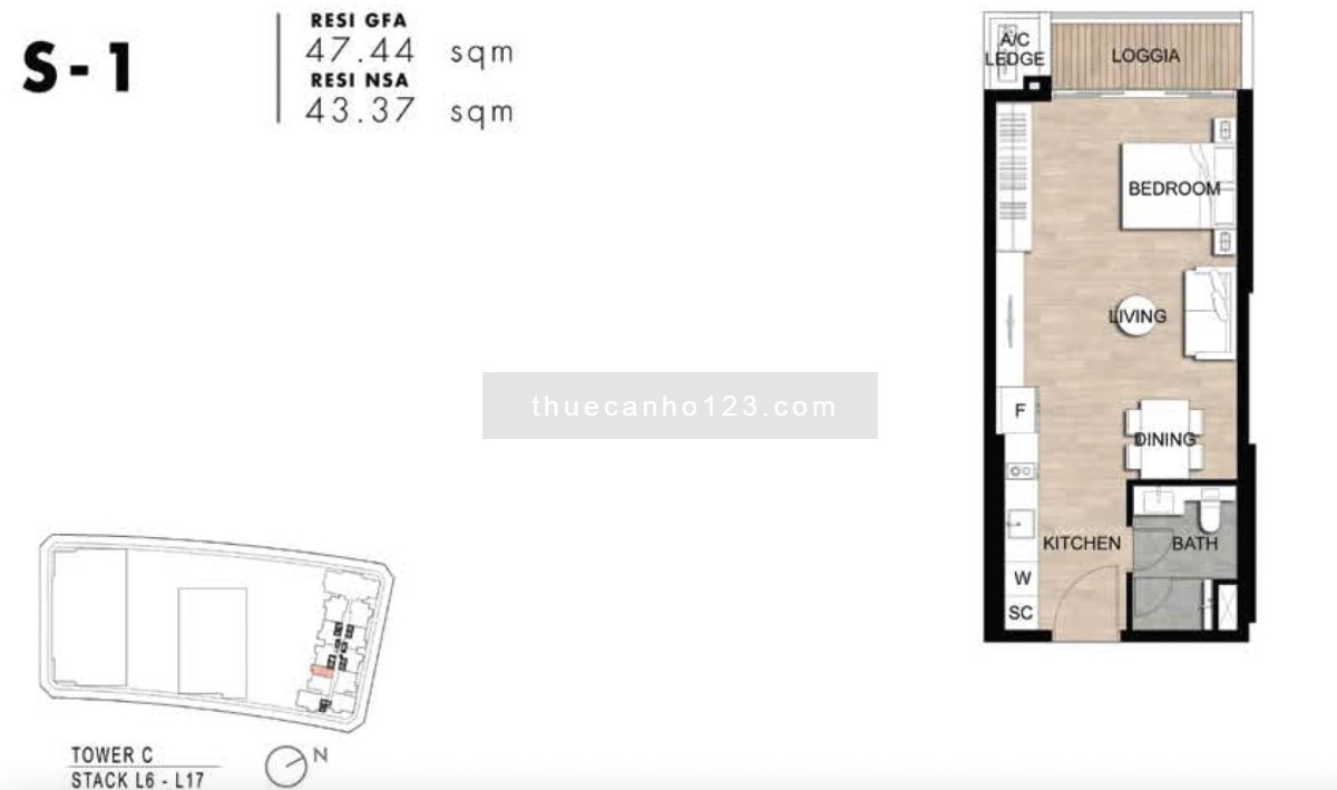 Cho thuê Studio tòa Crest – Metropole Thủ Thiêm 48m2, NTCB 23tr5