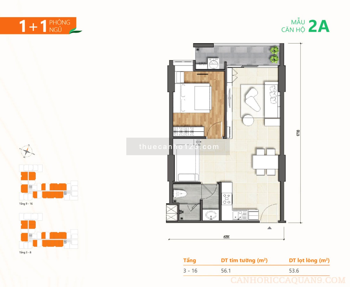 Cho thuê căn hộ chung cư Ricca 1PN +1 - Phú Hữu - Q9 - Thủ Đức 6 triệu LH 0901465399