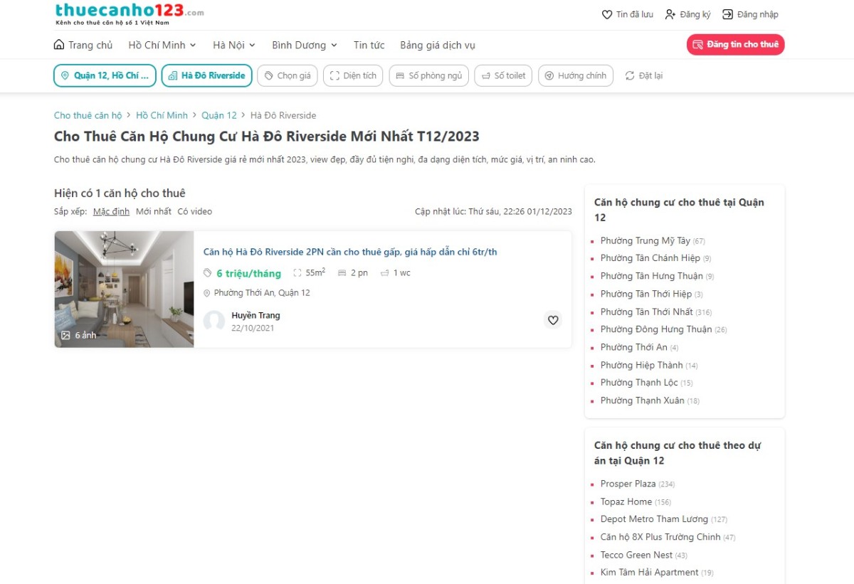 Tìm thuê căn hộ chung cư Hà Đô Riverside tại thuecanho123