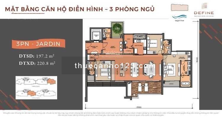 Cho thuê căn hộ 3PN DEFINE, DT 197m2, đủ NT cao cấp, giá 74 triệu/tháng