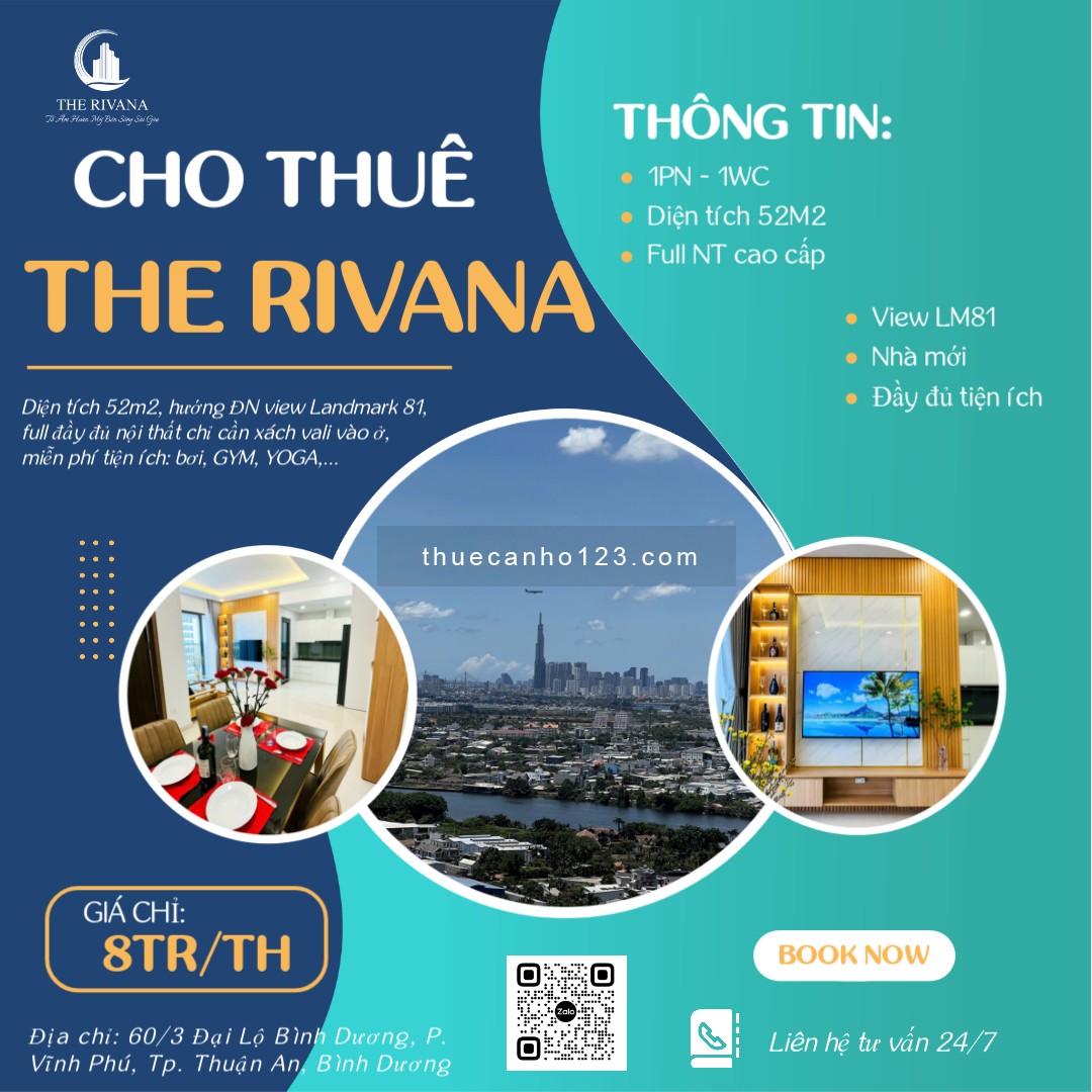 CHO THUÊ THE RIVANA 1PN FULL NT ĐẸP VIEW LM81 GIÁ CHỈ 8TR/TH - NHÀ ĐẸP CHỈ XÁCH VALI VÀO Ở