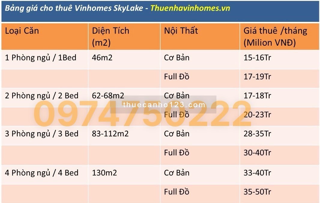 Cho thuê căn hộ Vinhomes Sky Lake Phạm Hùng - có đủ các loại diện tích - cho thuê dài hạn