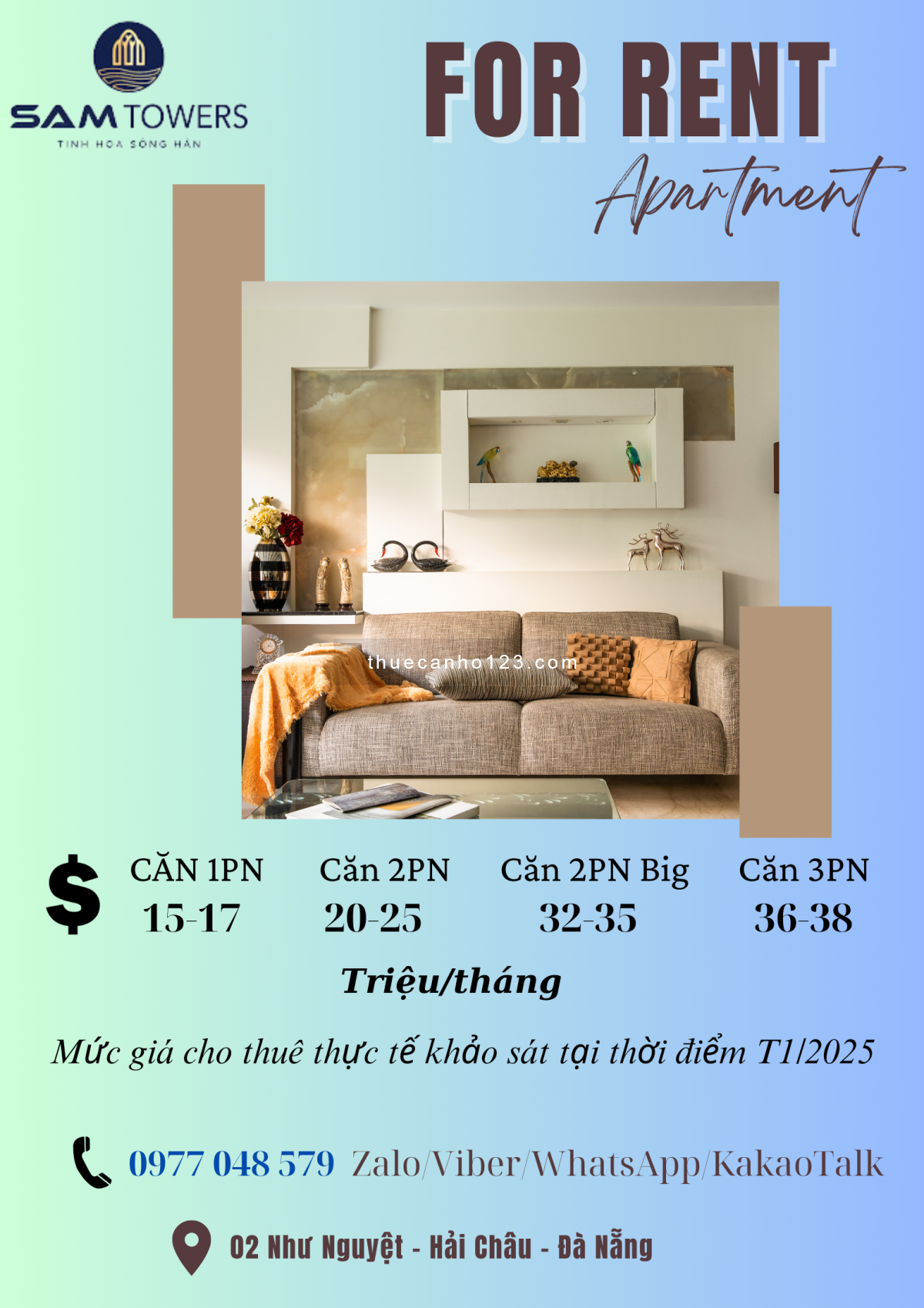 Cập nhật hệ thống căn hộ 2PN SAM Towers view pháo hoa cho thuê tại Hải Châu - Đà Nẵng