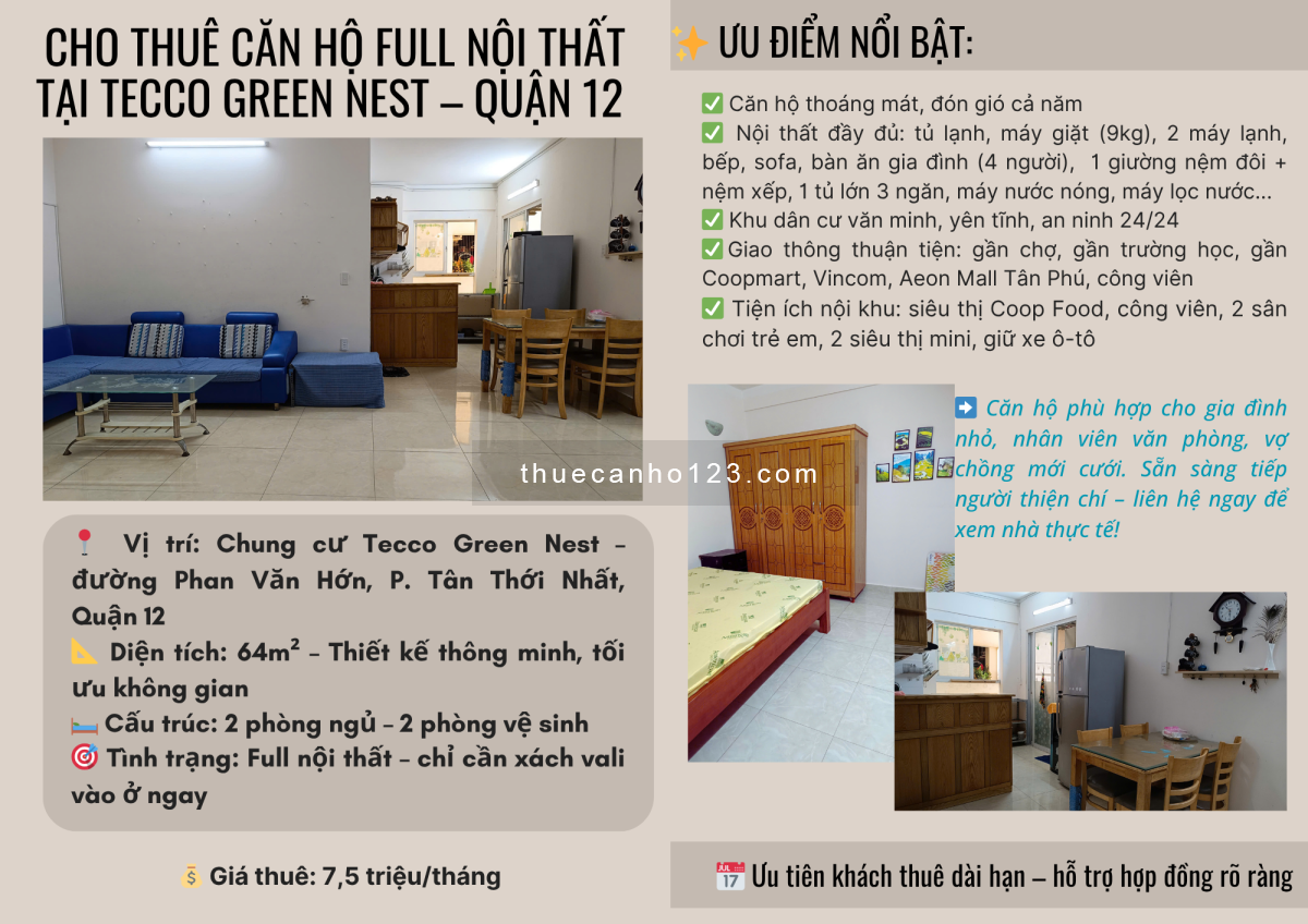 Cho Thuê Căn Hộ Full Nội Thất Tại Tecco Green Nest – Quận 12