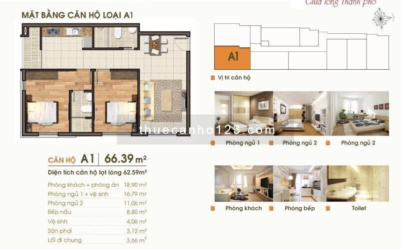 Cho thuê căn hộ B2 Trường Sa phường Gia Định, diện tích 66 m2, 2 phòng ngủ, 2 tolet. Giá 15 tr/thán