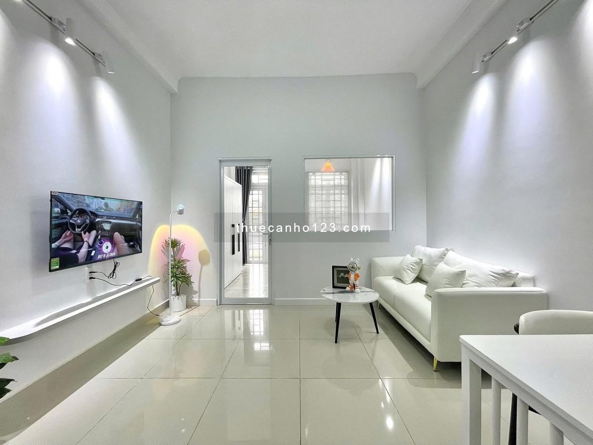 1PN tách bếp, full nội thất, máy giặt riêng, TV, bàn làm việc, thiết kế tone trắng