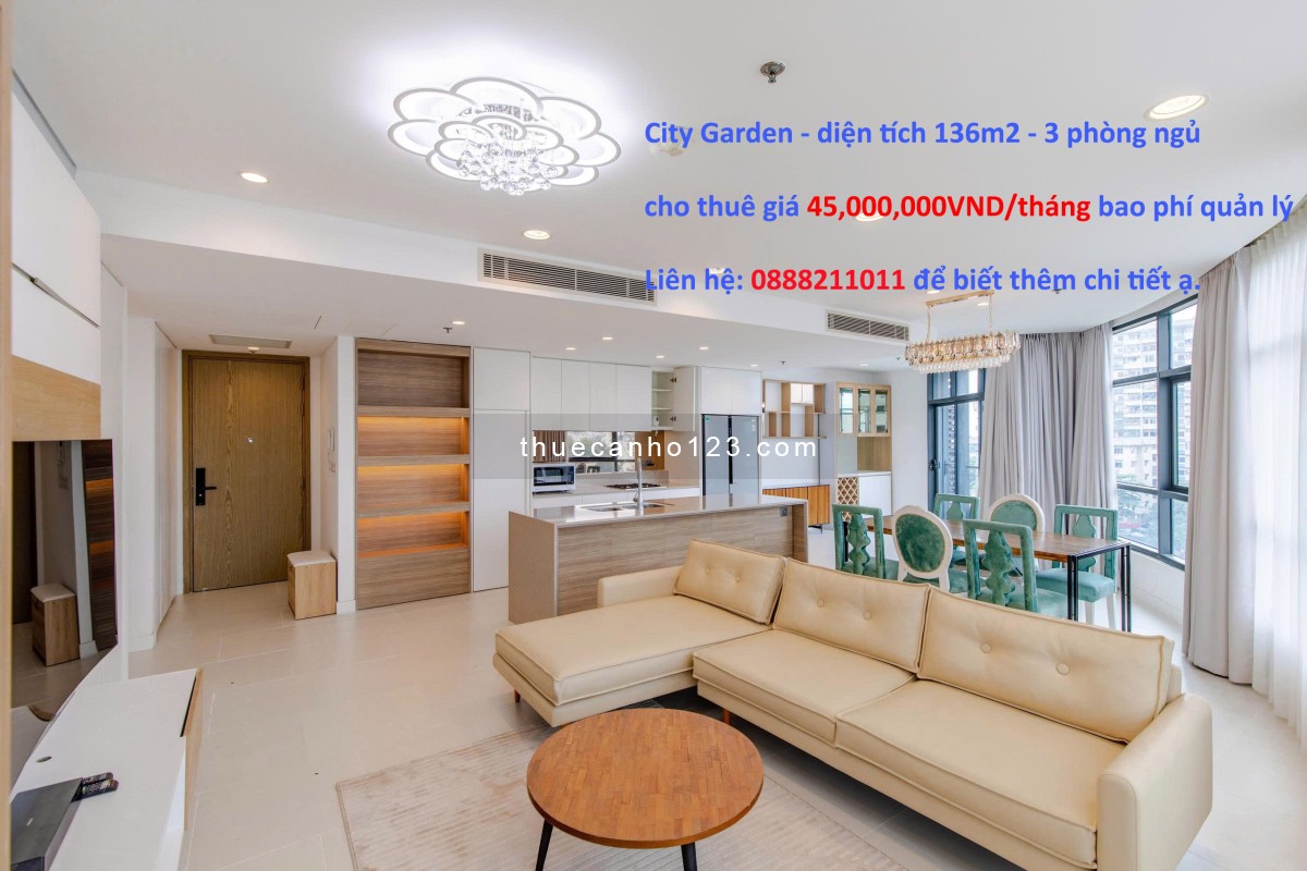 Cho thuê gấp 3 phòng ngủ City Garden Bình Thạnh diện tích 136m2 full nội thất, liên hệ 0888211011