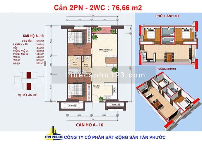 Cho thuê căn hộ trung tâm76.6m2