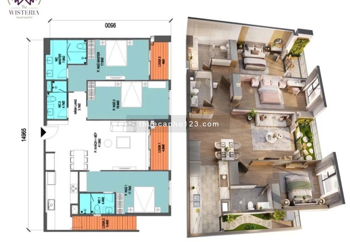 Cho thuê chung cư Wisteria Hoài Đức – Căn 3PN 138m², full nội thất cơ bản, giá 14tr