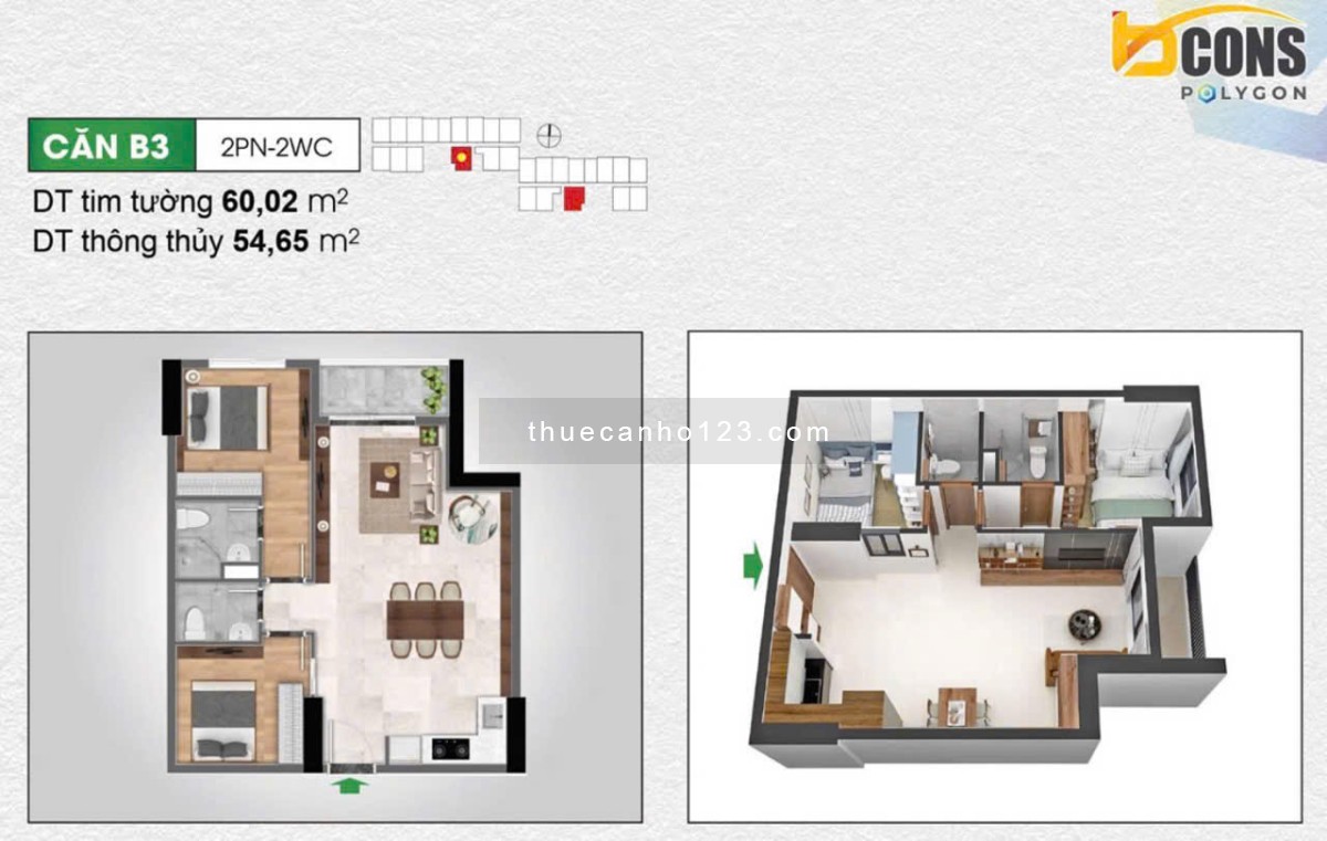 Cho thuê căn hộ 2PN2WC 60m2, sát Phạm Văn Đồng, view Landmark81 thoáng mát.