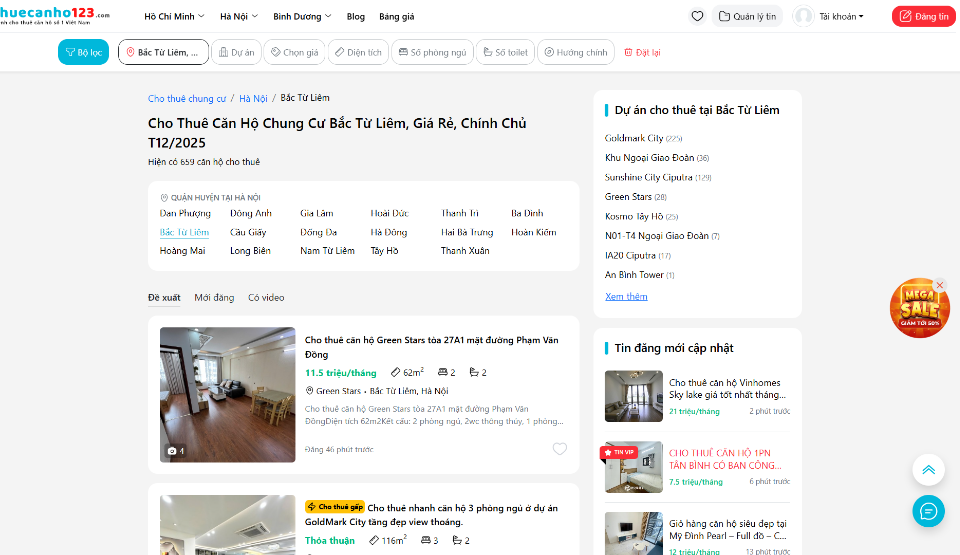 Tìm thuê căn hộ chung cư Bắc Từ Liêm uy tín tại Thuecanho123.com