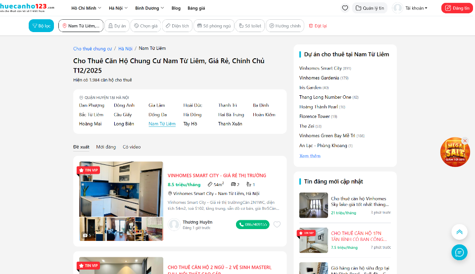 Tìm thuê căn hộ chung cư Nam Từ Liêm giá rẻ tại Thuecanho123.com
