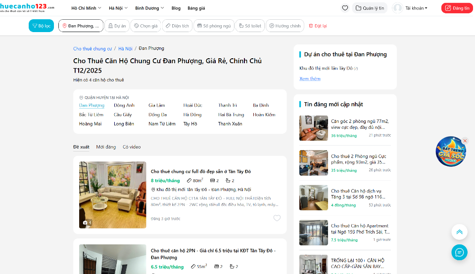 Tìm thuê và đăng tin cho thuê căn hộ chung cư huyện Đan Phượng tại Thuecanho123.com