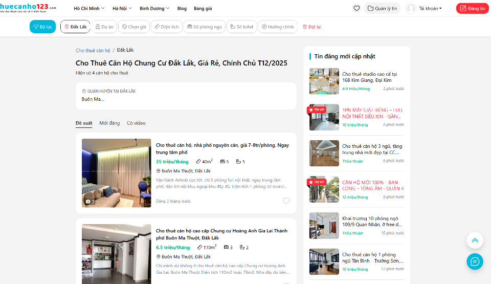 Thuê căn hộ chung cư Đắk Lắk giá tốt tại Thuecanho123.com