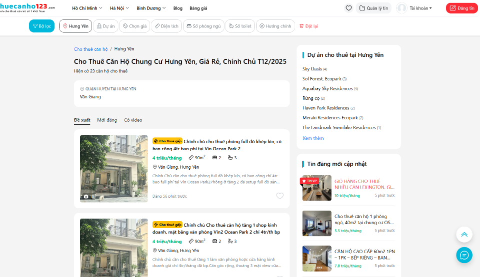 Cho thuê căn hộ chung cư Hưng Yên tại Thuecanho123.com