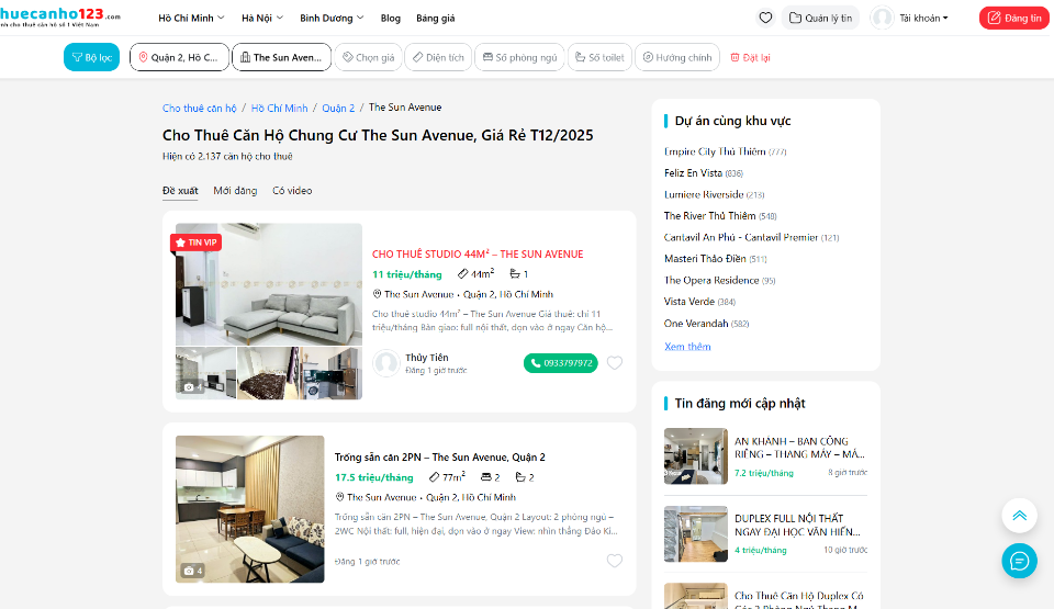 Tìm thuê và cho thuê căn hộ The Sun Avenue hiệu quả tại Thuecanho123.com