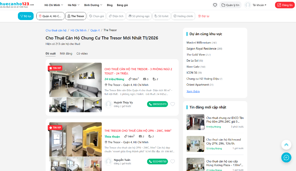 Tìm thuê căn hộ The Tresor uy tín tại Thuecanho123.com