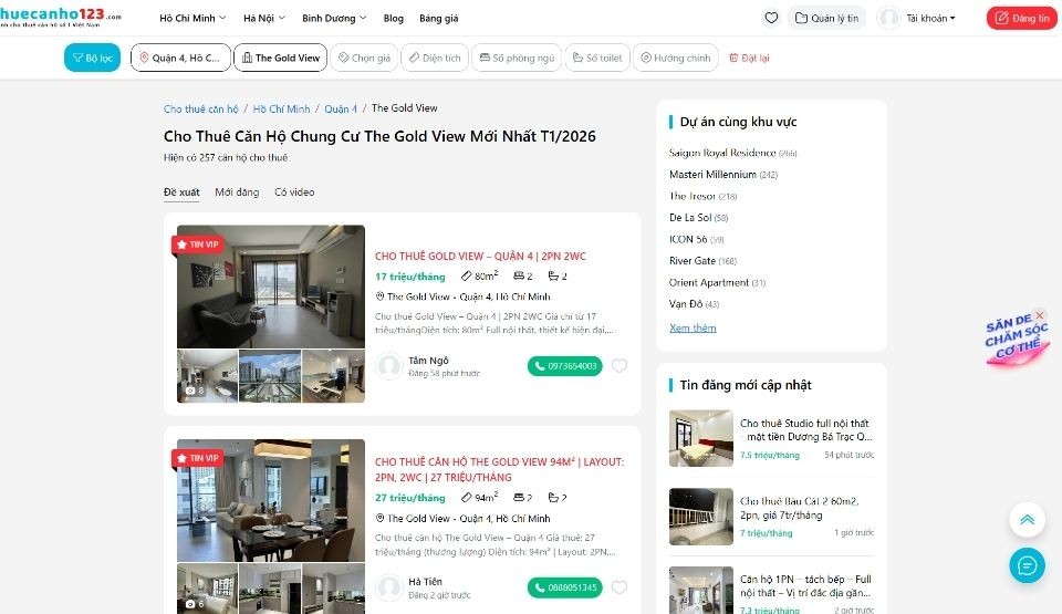 Tìm thuê căn hộ chung cư The Gold View hiệu quả tại Thuecanho123.com