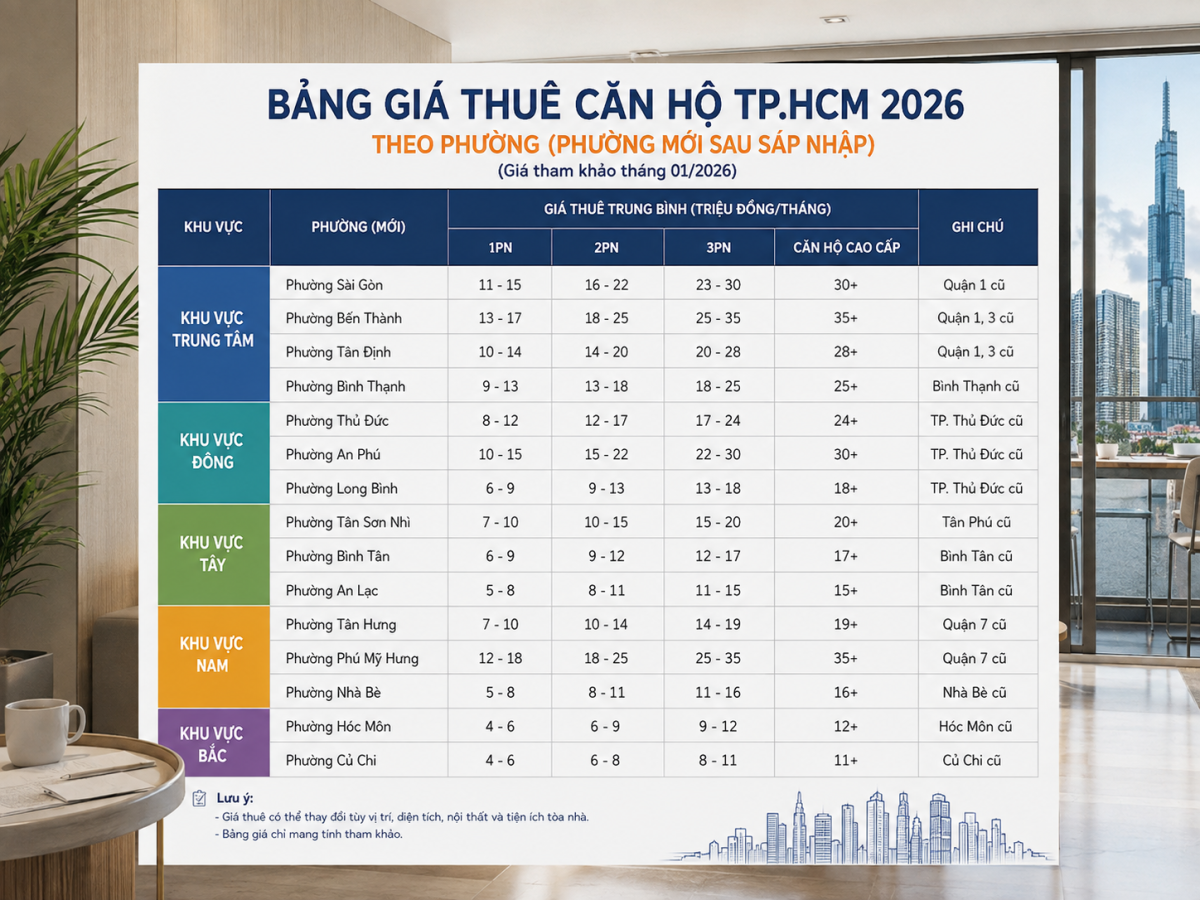 Bảng giá cho thuê căn hộ TP Hồ Chí Minh theo phường