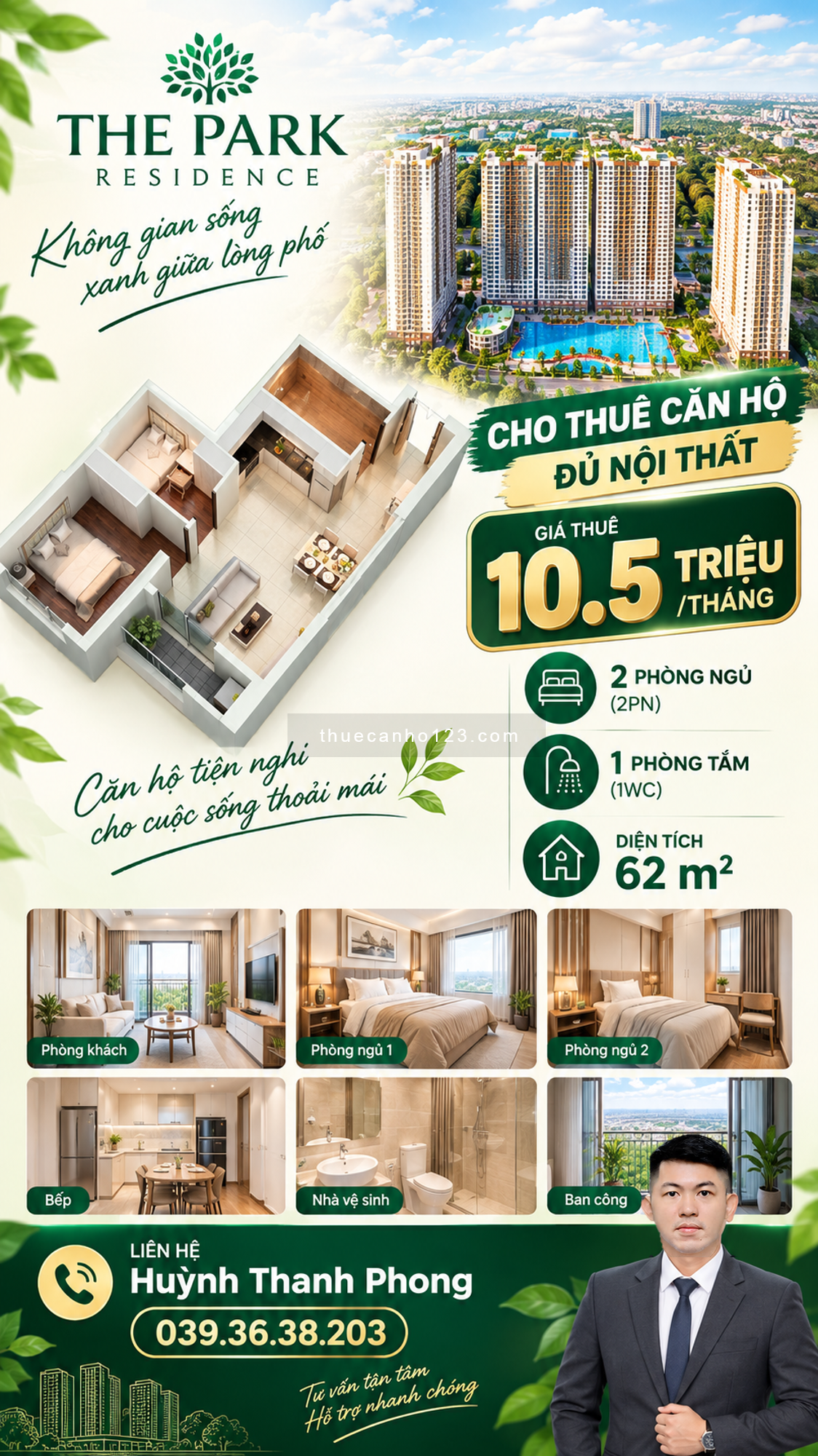 Cho thuê 2PN1WC 62m2 - 10.5 triệu/tháng - The Park Residence - Ảnh 1