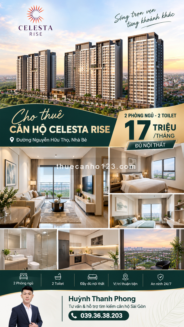 Cho thuê căn hộ 2PN2WC, DT 79m² đầy đủ nội thất - 17 triệu/tháng - Celesta Rise Nguyễn Hữu Thọ - Ảnh 1